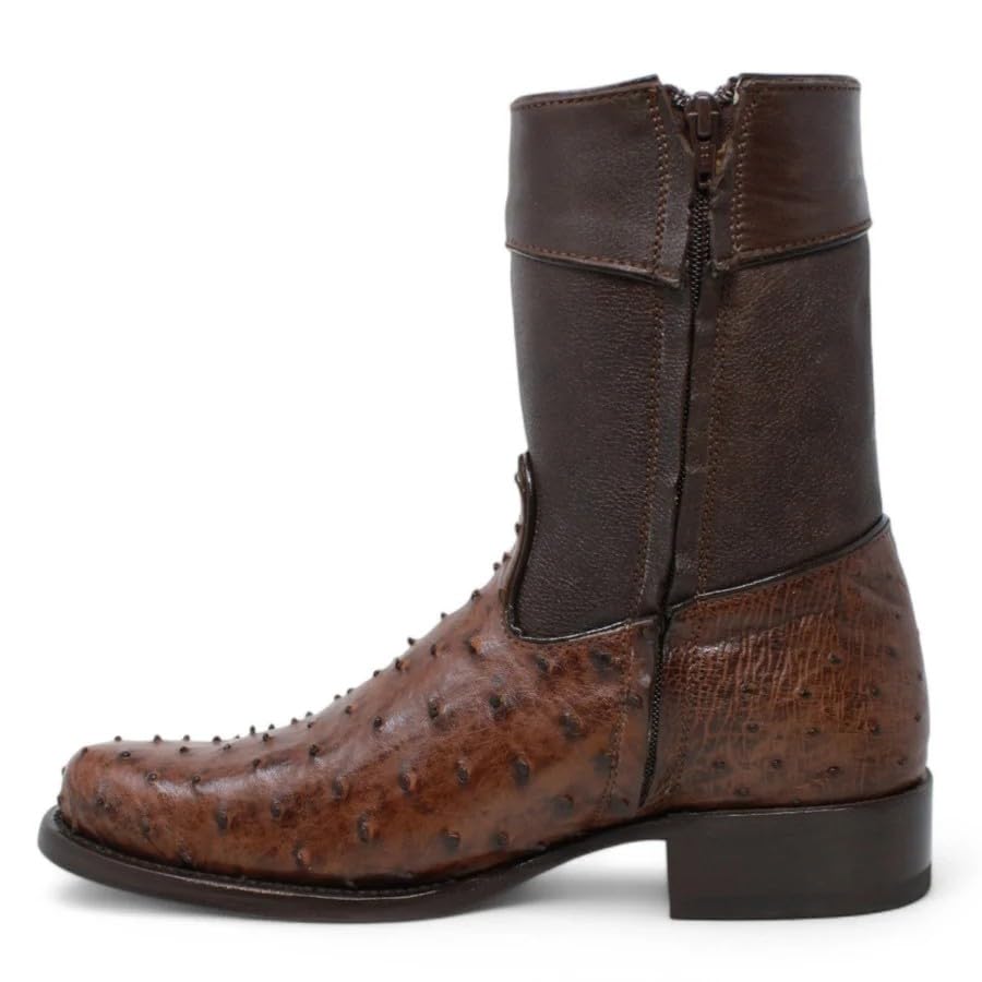 Brown Ostrich Skin Western Cowboy Boots with Zipper D836