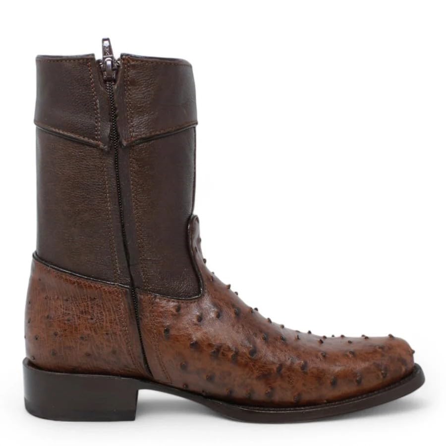 Brown Ostrich Skin Western Cowboy Boots with Zipper D836