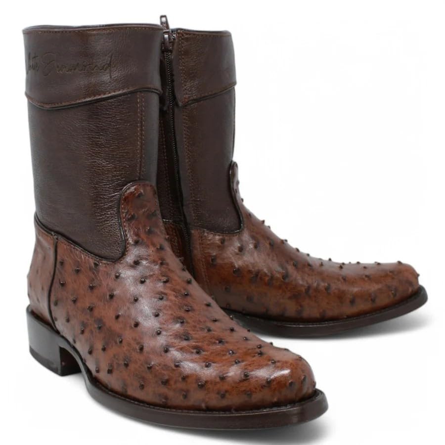 Brown Ostrich Skin Western Cowboy Boots with Zipper D836