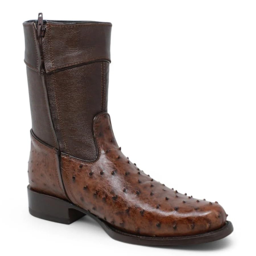 Brown Ostrich Skin Western Cowboy Boots with Zipper D836
