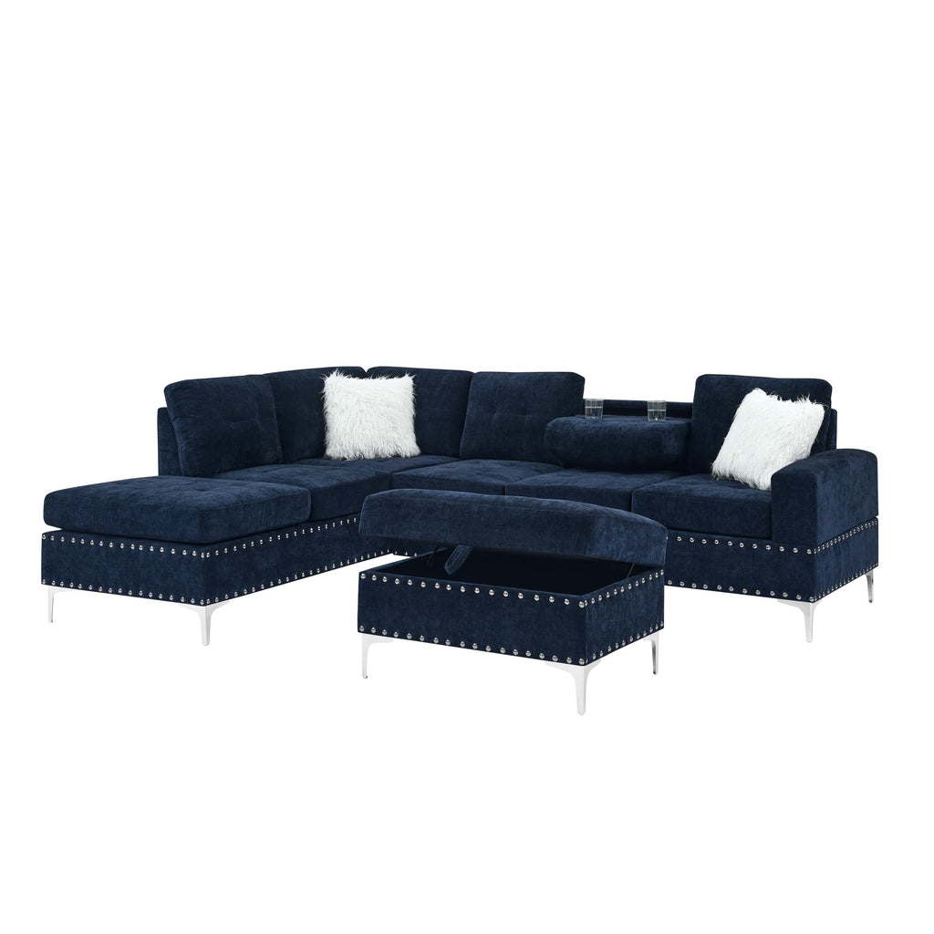 108'' Chenille Navy Blue L-Shaped Sectional Sofa with Storage Ottoman M831