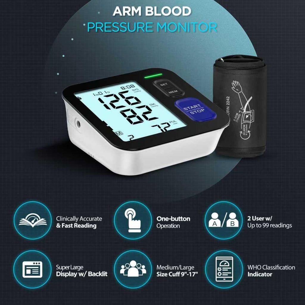 Upper Arm Blood Pressure Machine Medium/Large Cuff Automatic Digital BP Monitor Backlit LCD 2-User Mode Z14274