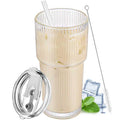 20 oz Clear Ribbed Glass Tumbler with Lid and Straw B159