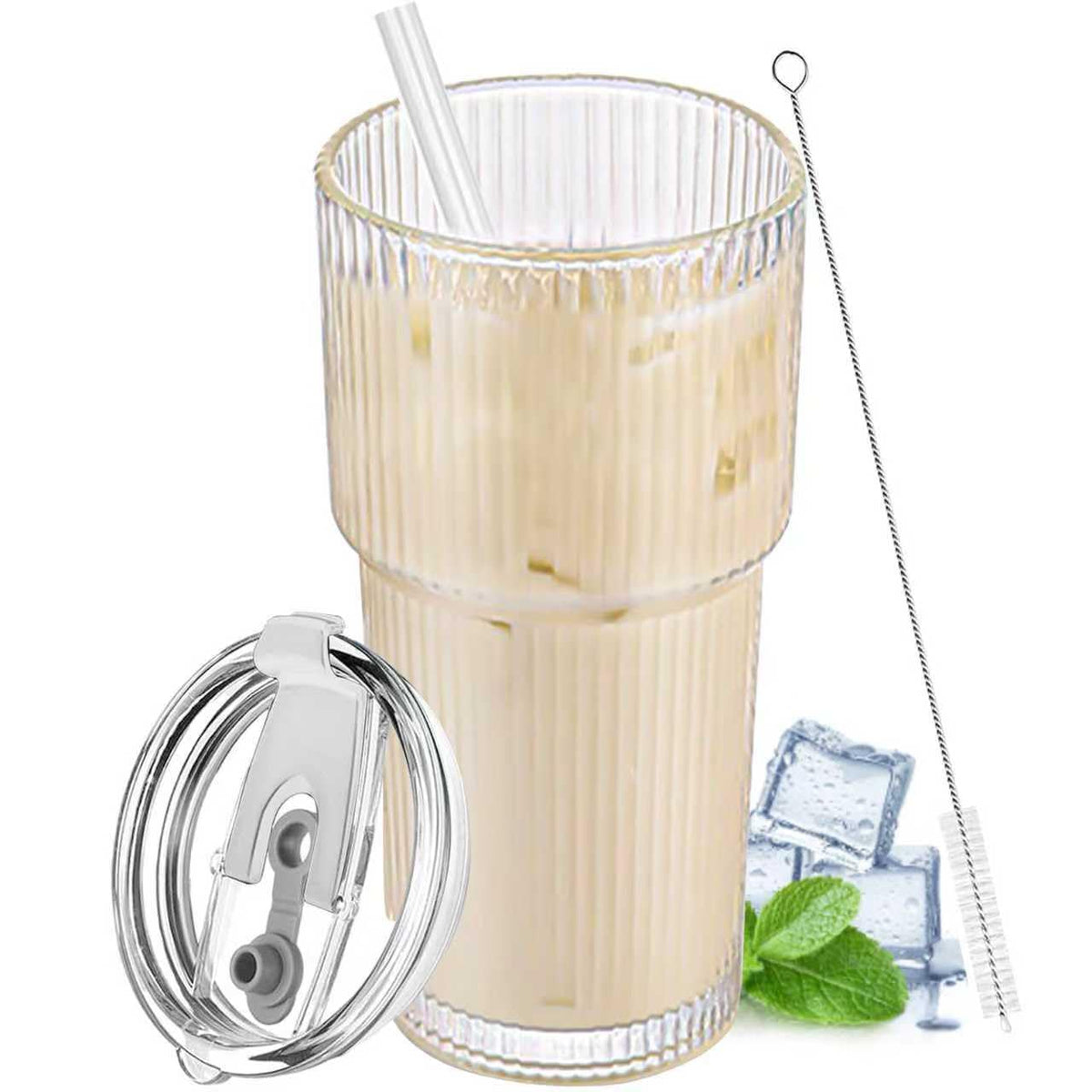 20 oz Clear Ribbed Glass Tumbler with Lid and Straw B159