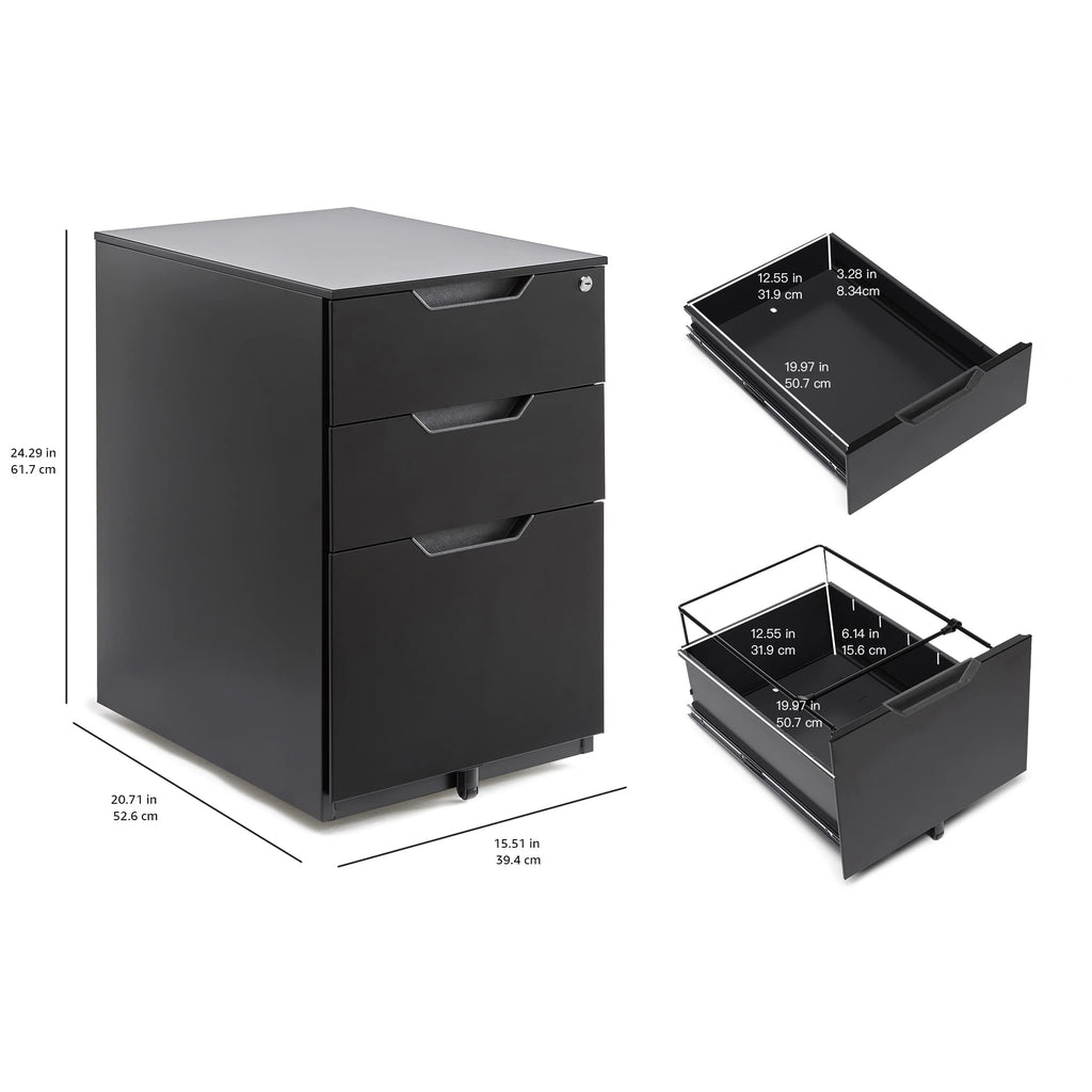3-Drawer Black Mobile File Cabinet with Lock J80904