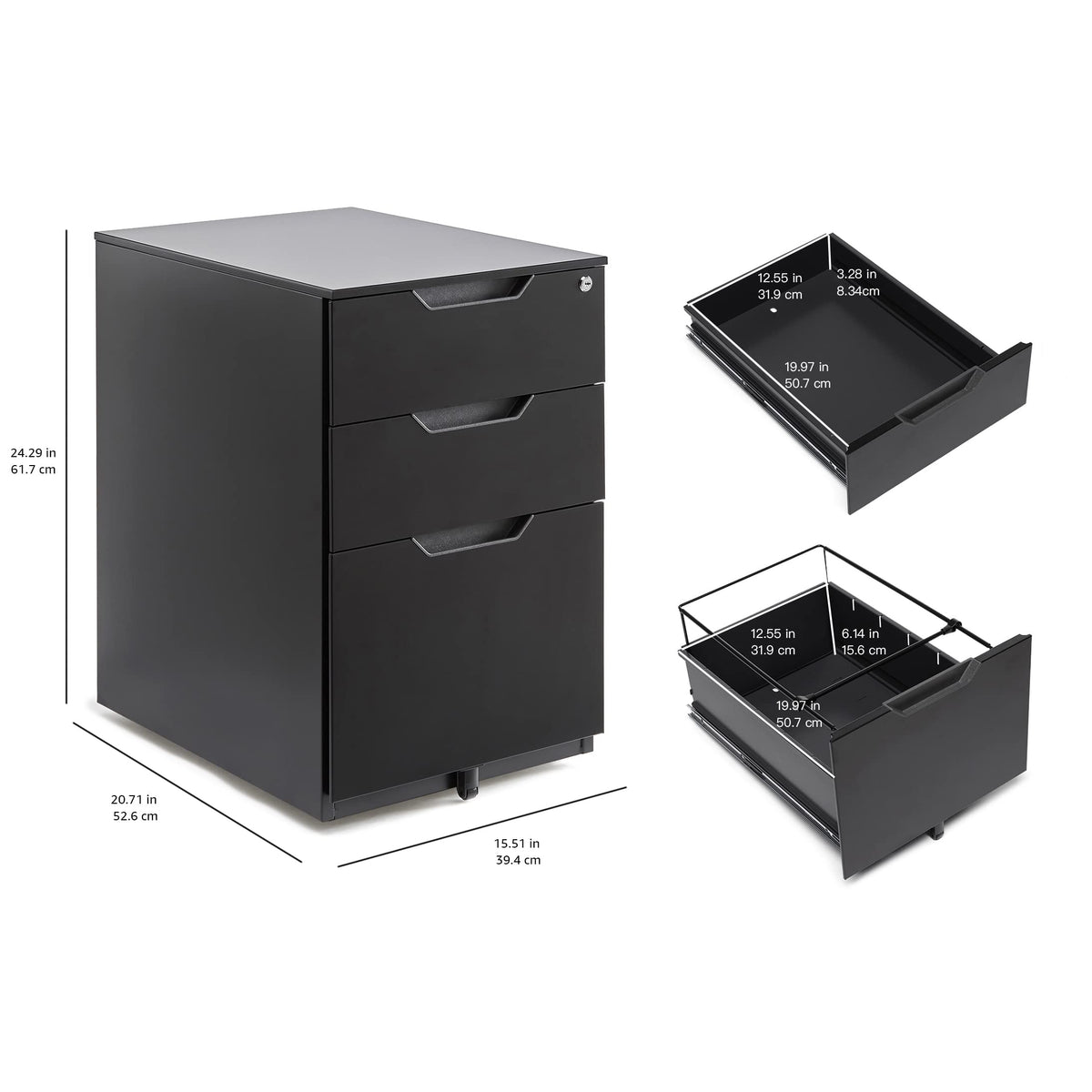 3-Drawer Black Mobile File Cabinet with Lock J80904