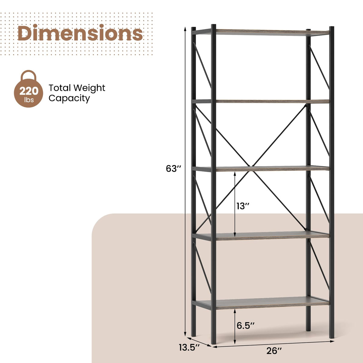 5-Tier Industrial Bookshelf with Open Storage Shelves K14667