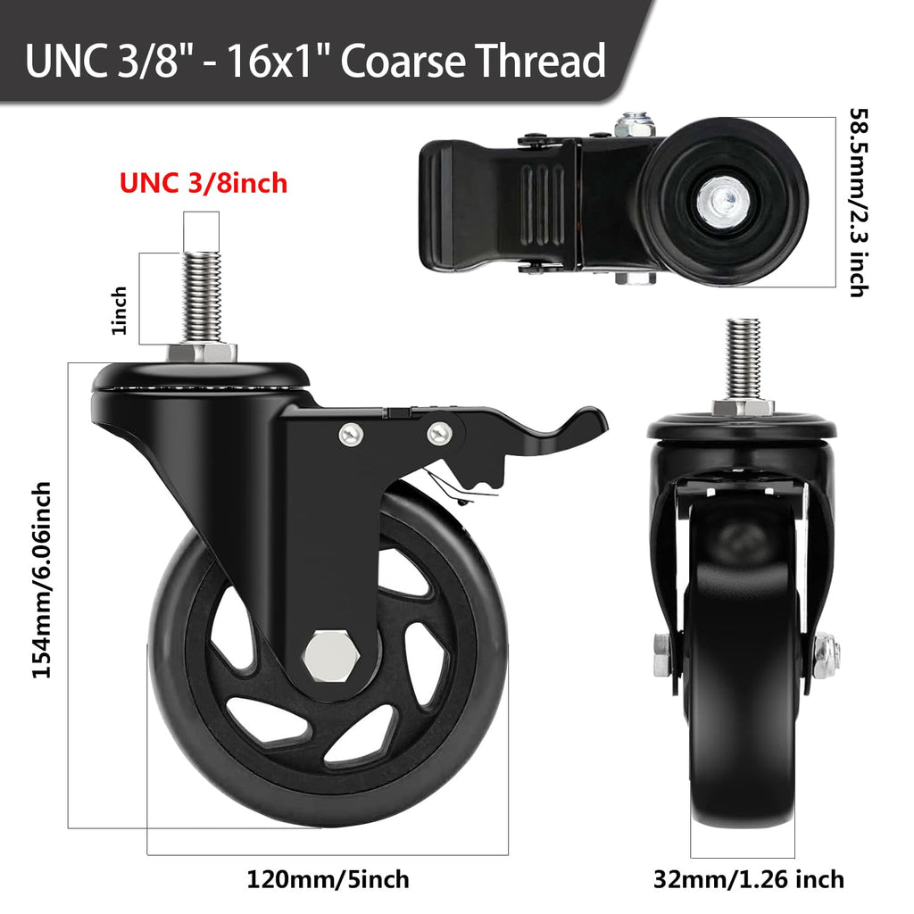 5 Inch Swivel Threaded Stem Casters Set of 4 Heavy Duty 2400lbs Black L736112