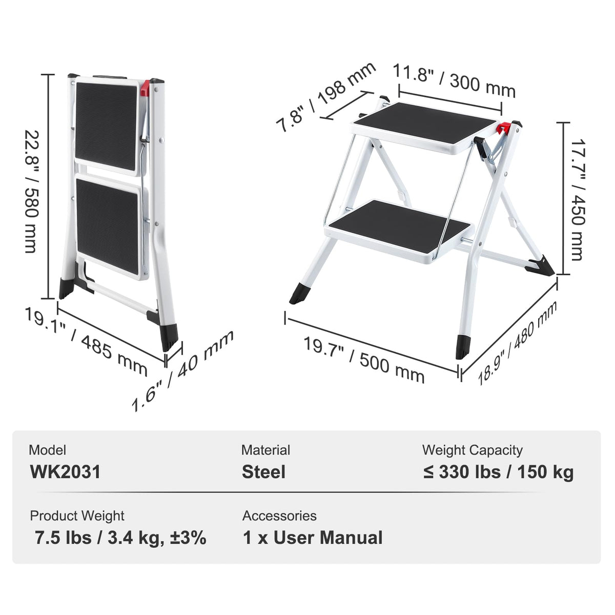 2-Step 330lbs Capacity Folding Steel Step Stool Y27162