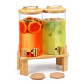 1.5 Gallon 2 Pack Glass Beverage Dispenser with Wood Stand and Spigot P61012