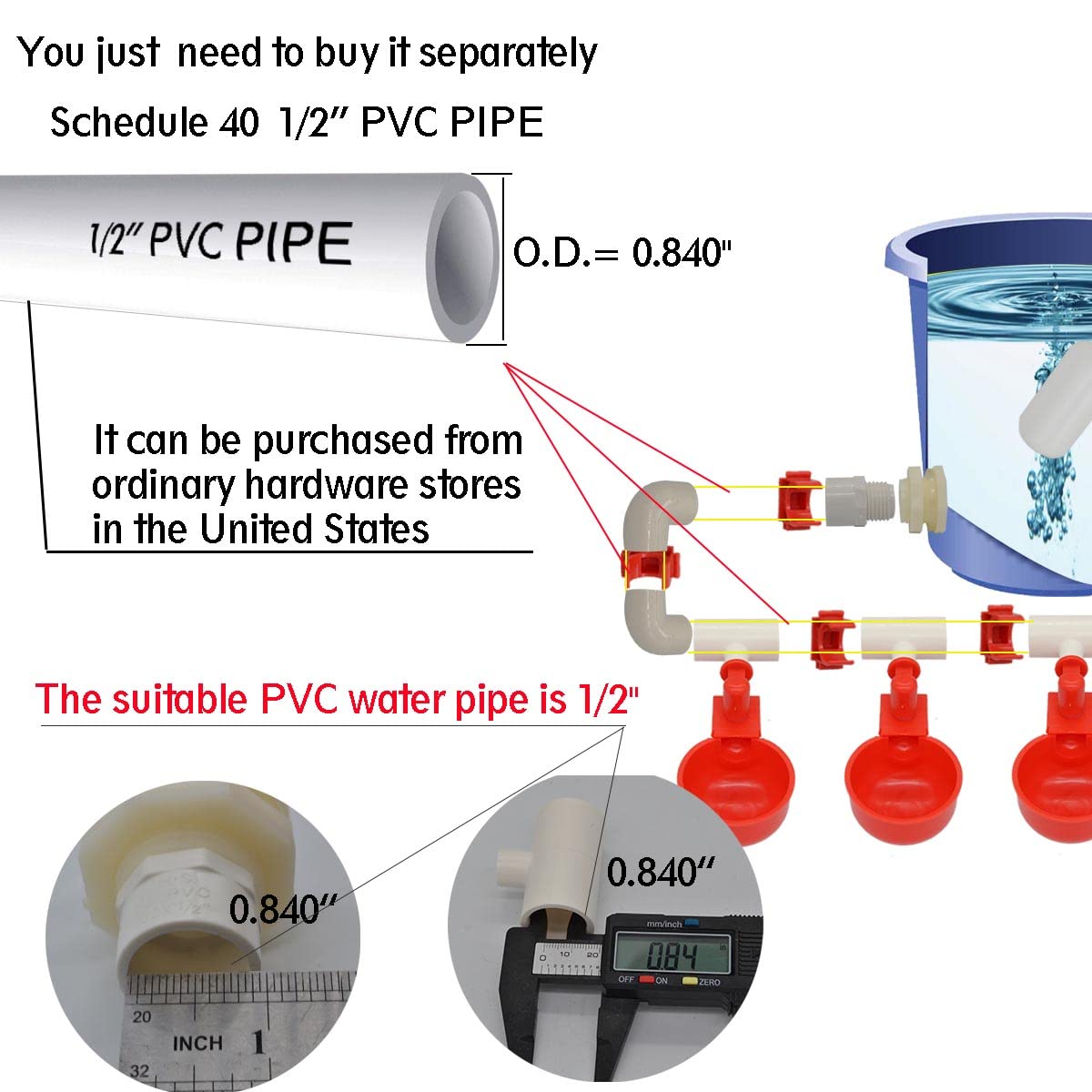 Automatic Chicken Nipple Waterer Cups and PVC Tee Fittings S303340