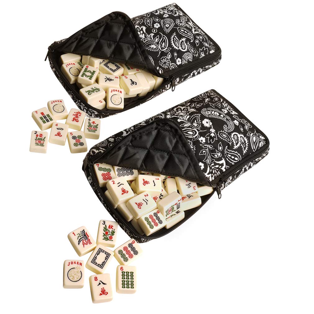 Black Paisley Mahjong Set with Soft Bag, 166 Ivory Colored Engraved Tiles, 4 All-in-One Rack/Pushers C92605