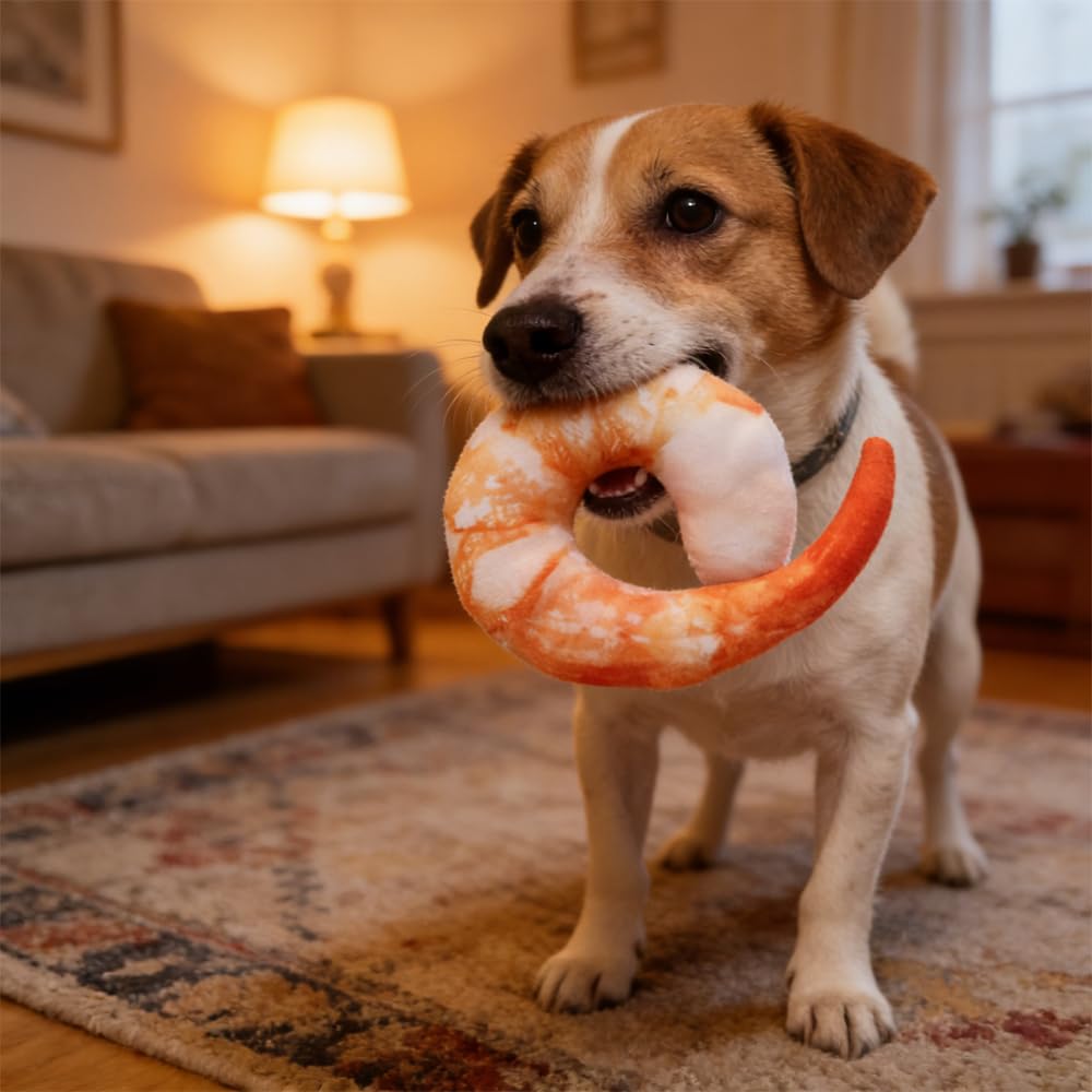 Shrimp Shape Squeaky Plush Dog Toy X3577
