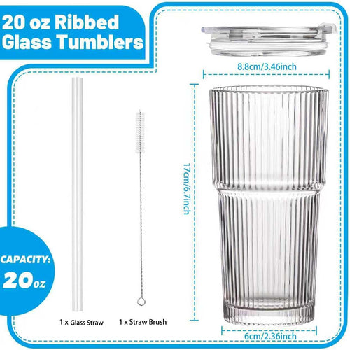 20 oz Clear Ribbed Glass Tumbler with Lid and Straw B159