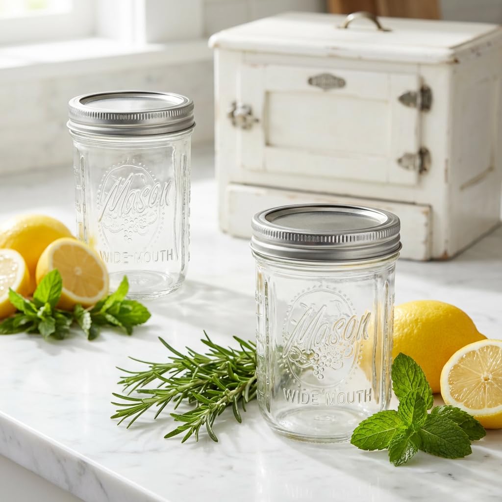 12 Pack 16 oz Wide Mouth Glass Mason Jars with Lids B66540