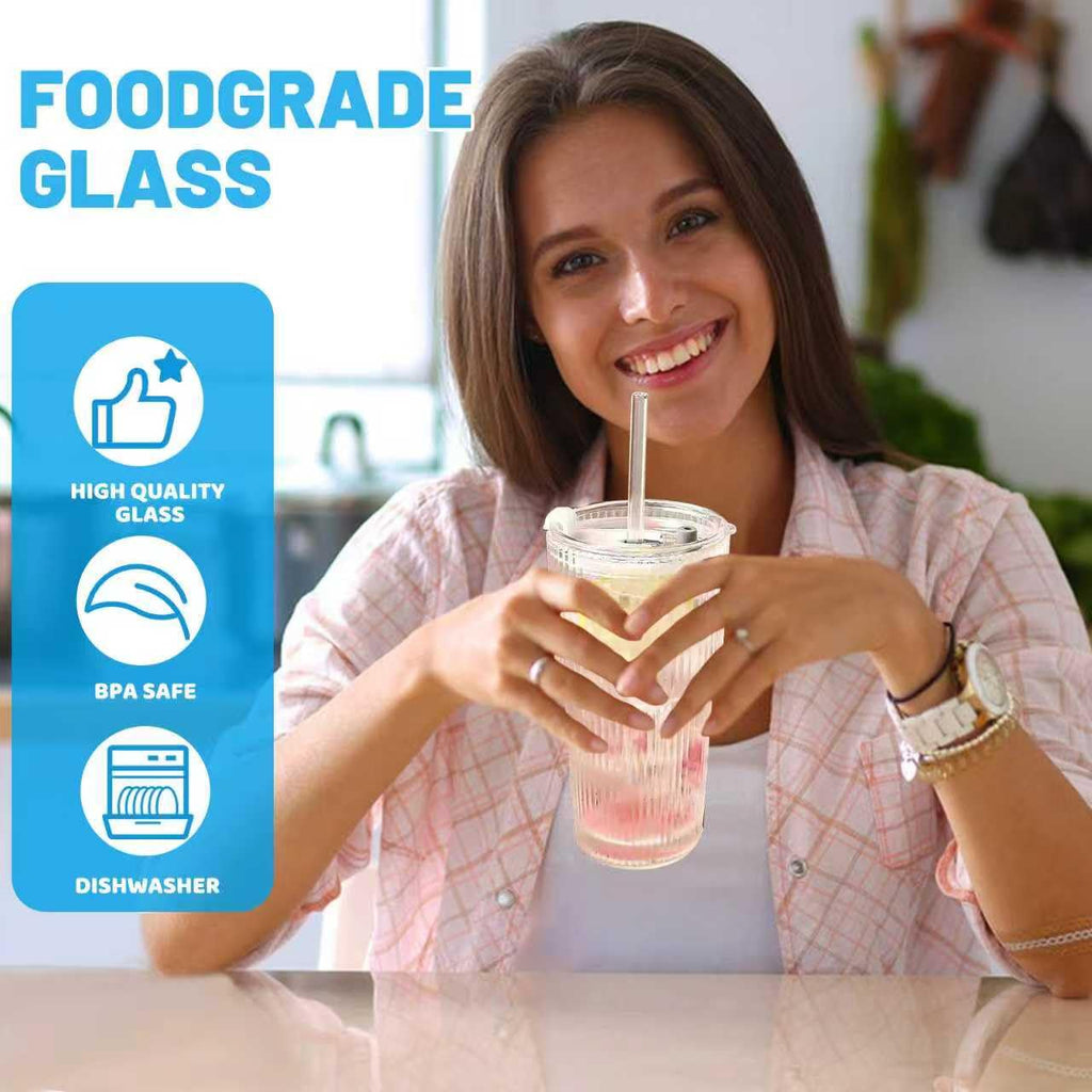 20 oz Clear Ribbed Glass Tumbler with Lid and Straw B159