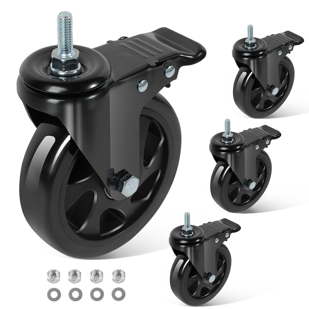 5 Inch Swivel Threaded Stem Casters Set of 4 Heavy Duty 2400lbs Black L736112