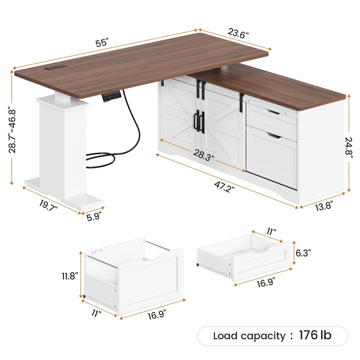 55 inch L Shaped Standing Desk with Storage Drawers M965