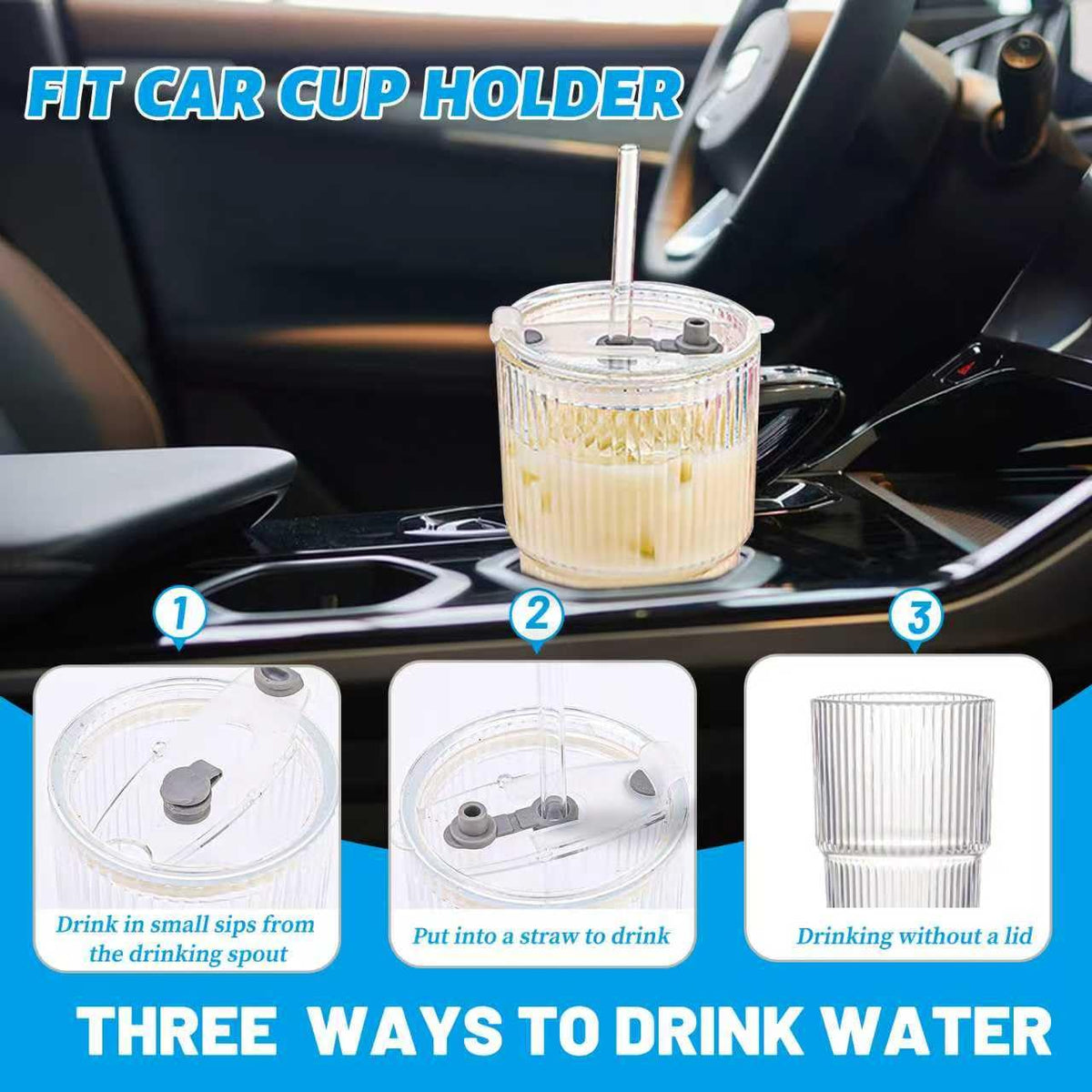 20 oz Clear Ribbed Glass Tumbler with Lid and Straw B159