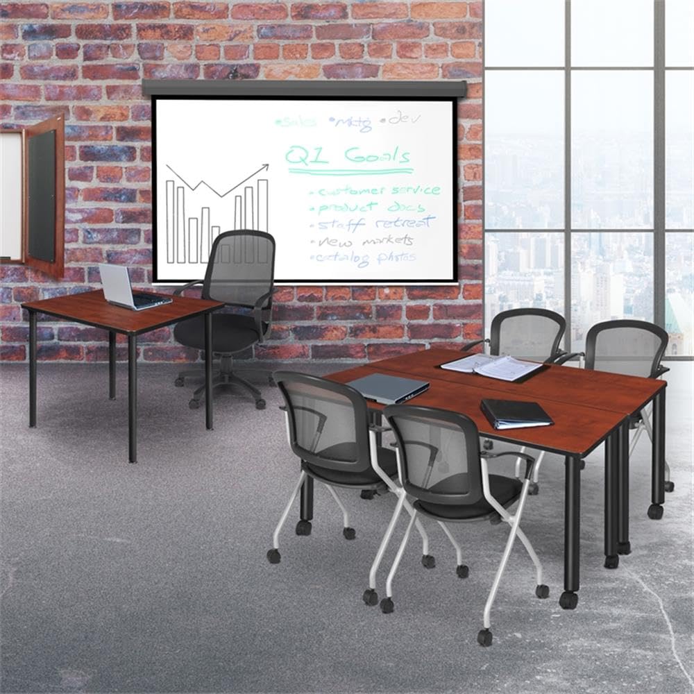 30" Square Folding Breakroom Table Reversible Cherry Maple Top Black Steel Legs Q499634