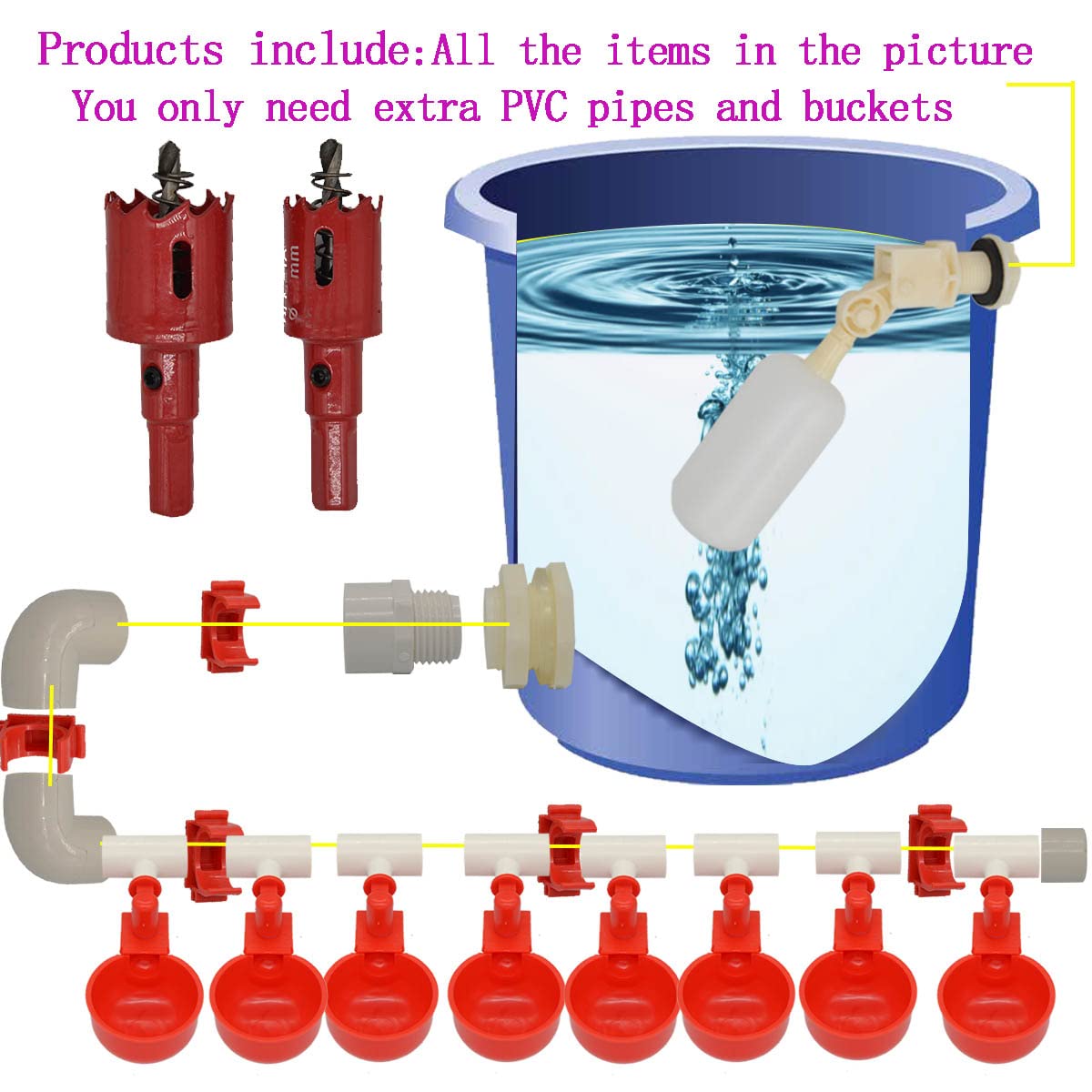 Automatic Chicken Nipple Waterer Cups and PVC Tee Fittings S303340