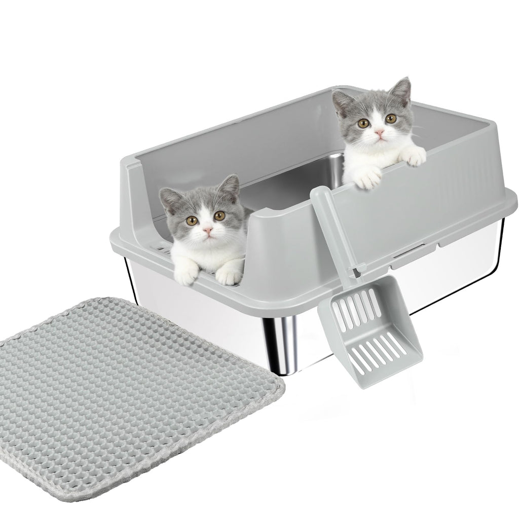 Stainless Steel Cat Litter Box with High Sides, Litter Mat, Scoop Y52208