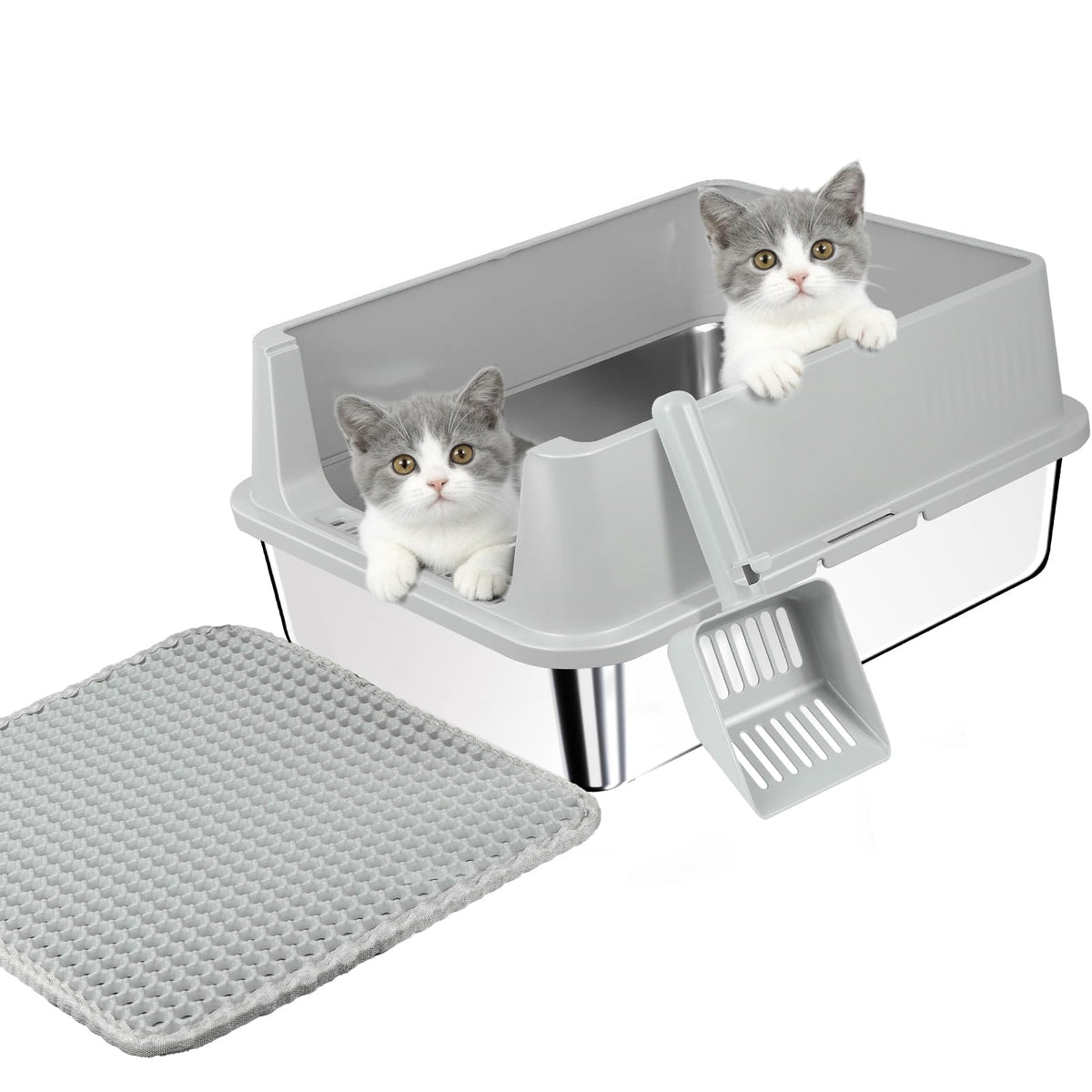 Stainless Steel Cat Litter Box with High Sides, Litter Mat, Scoop Y52208