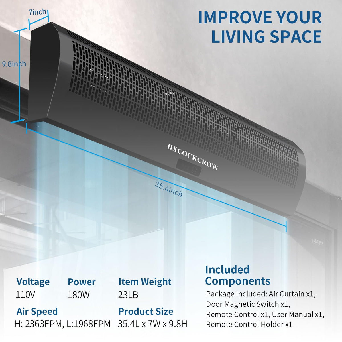 36 Inch Black Air Curtain with Door Magnetic Switch Q390048