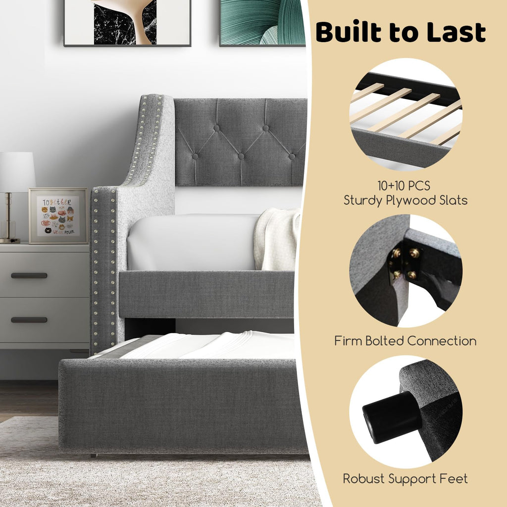 Grey Upholstered Twin Daybed with Trundle L904