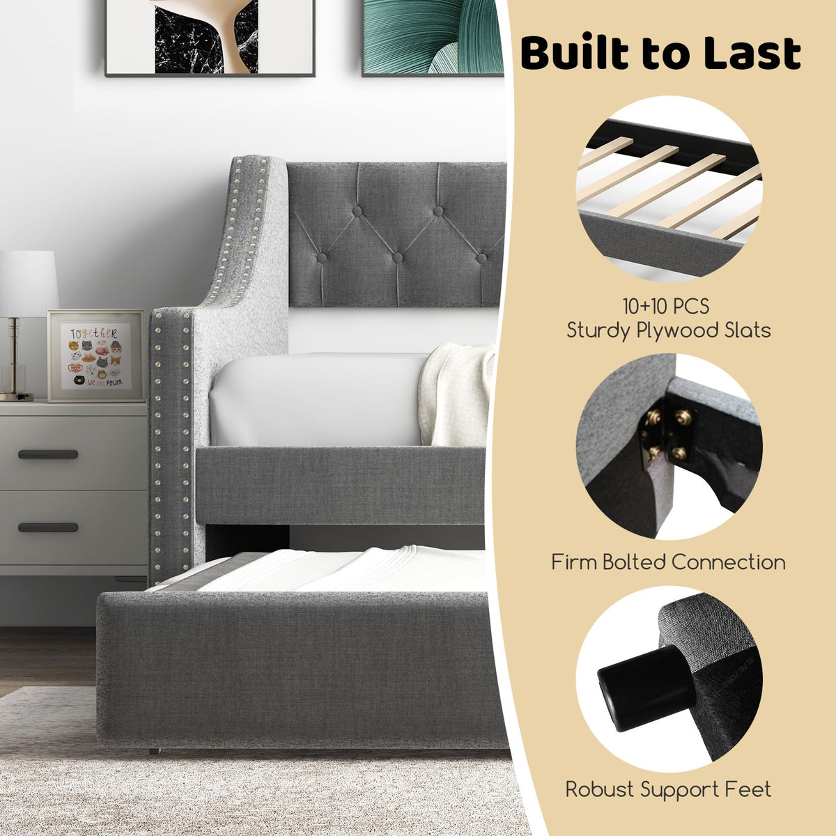 Grey Upholstered Twin Daybed with Trundle L904