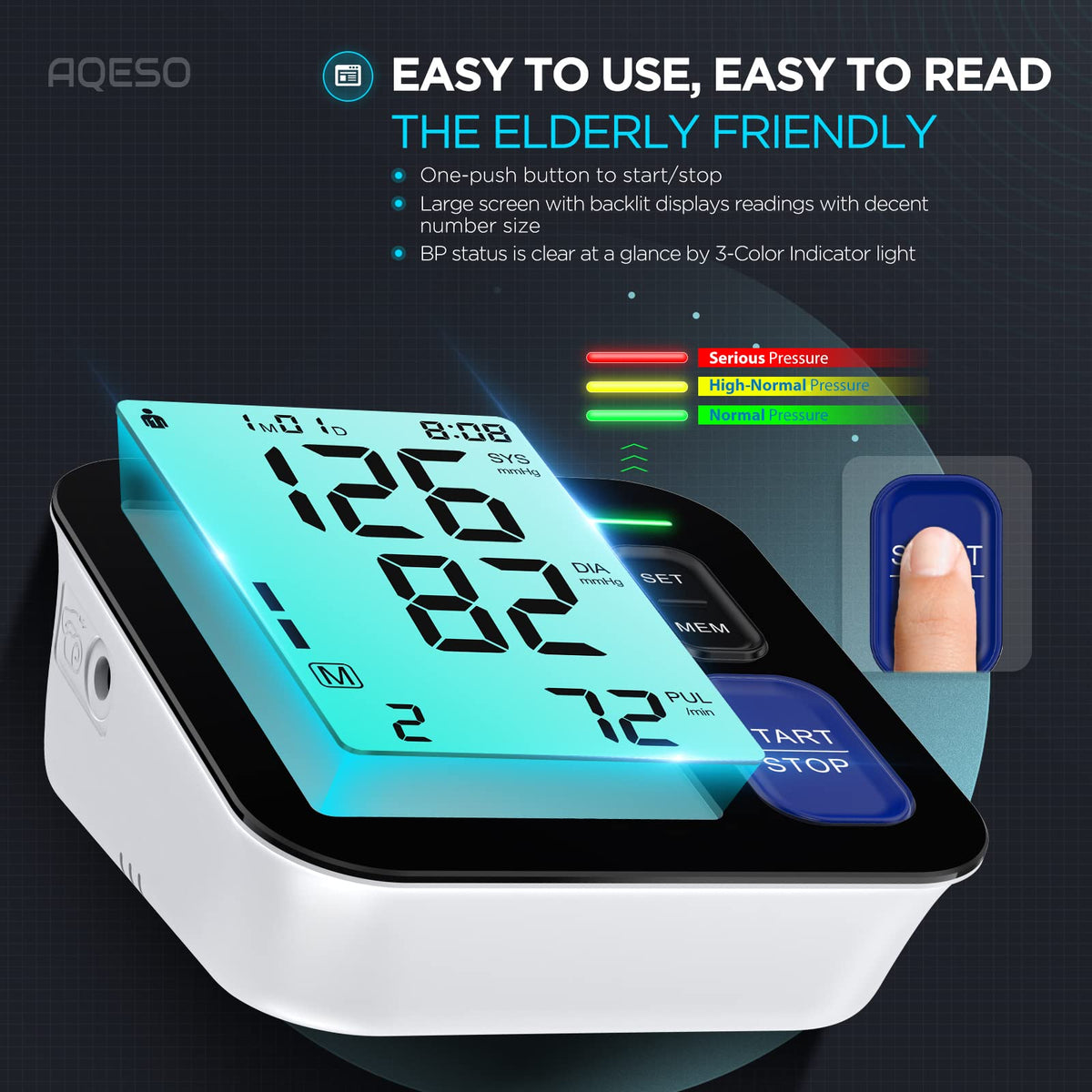 Upper Arm Blood Pressure Machine Medium/Large Cuff Automatic Digital BP Monitor Backlit LCD 2-User Mode Z14274