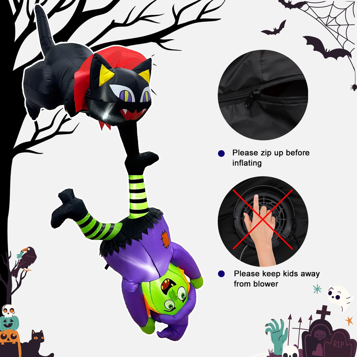 8FT Inflatable Witch Cat Halloween Outdoor Decorations T4629