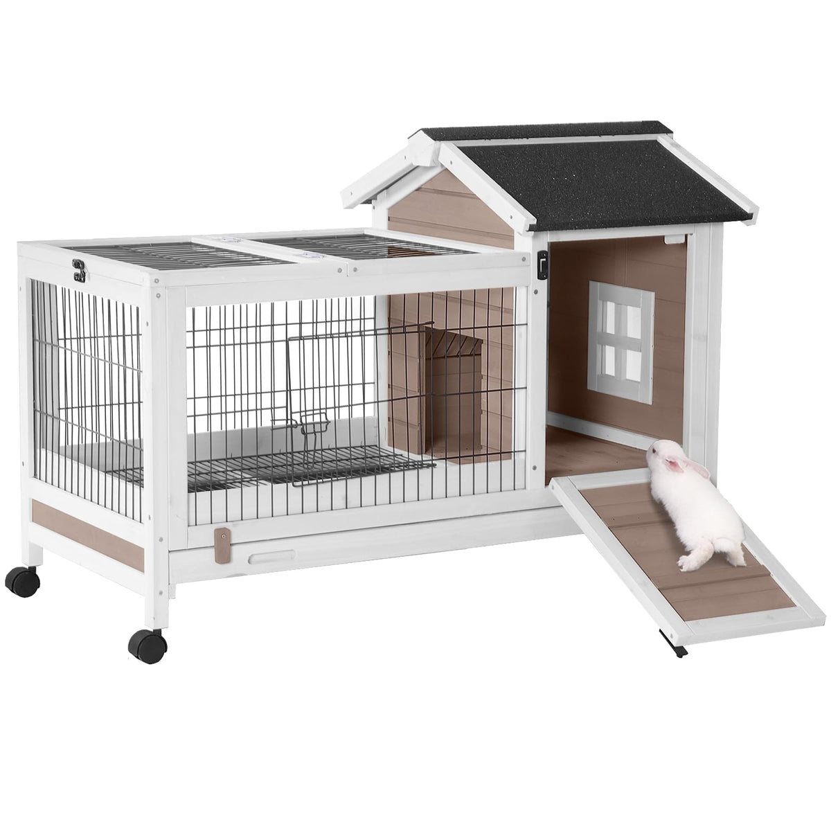 Brown Rabbit Hutch with Wire Floor and Plastic Tray X461796