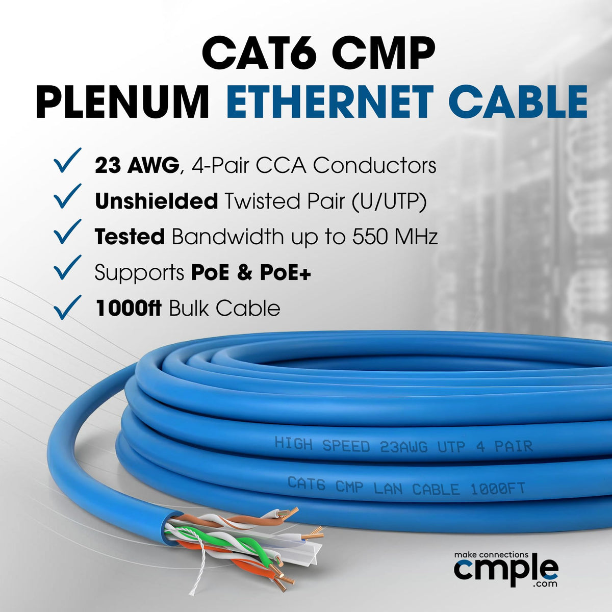 Cat6 Plenum CMP 23AWG UTP Solid 1000ft Blue Ethernet Cable I7965