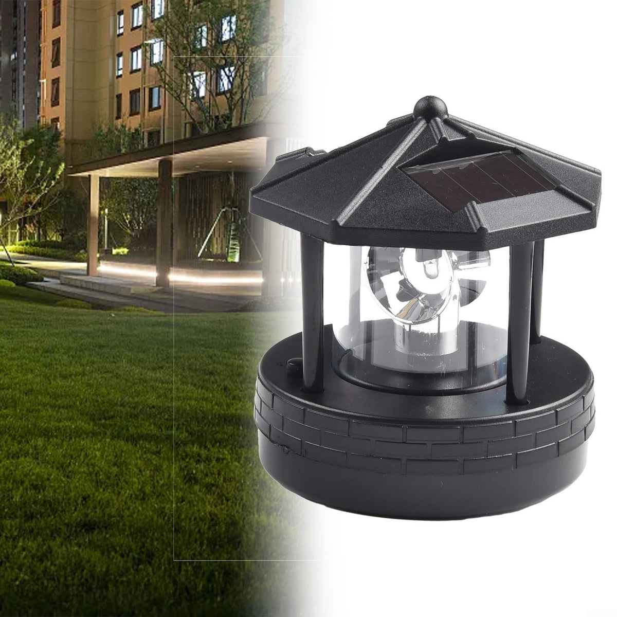 Solar Lighthouse Garden Light Rotatable Shade 360-Degree Outdoor Waterproof Lawn Street Lighting 2 Solar Panels Fast Charging ABS Material White Light Black Red 1pc 11x10x11cm(black) Y434