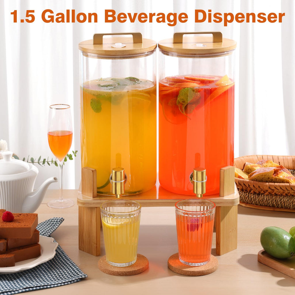 1.5 Gallon 2 Pack Glass Beverage Dispenser with Wood Stand and Spigot P61012