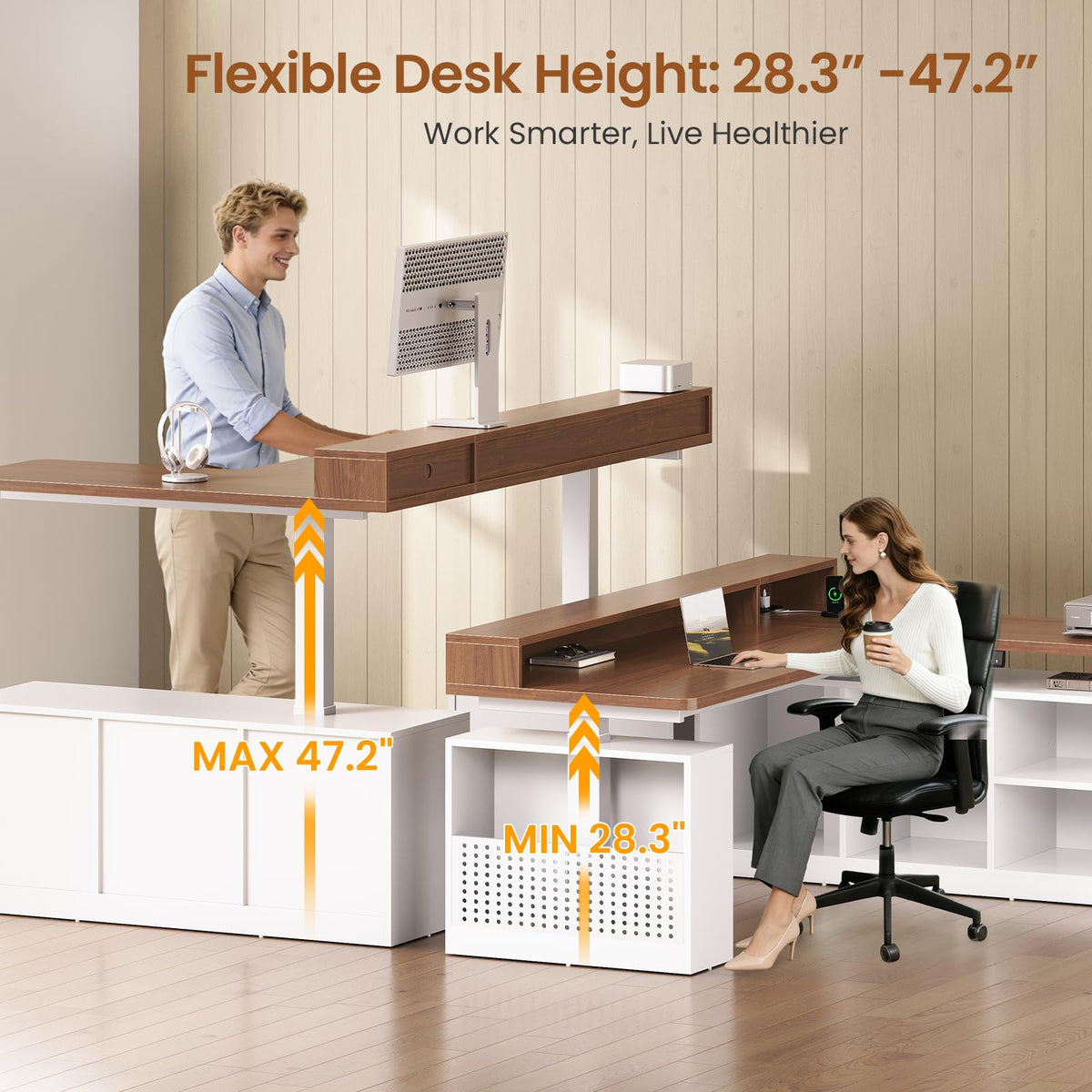 63" L Shaped Electric Standing Desk with Storage F950