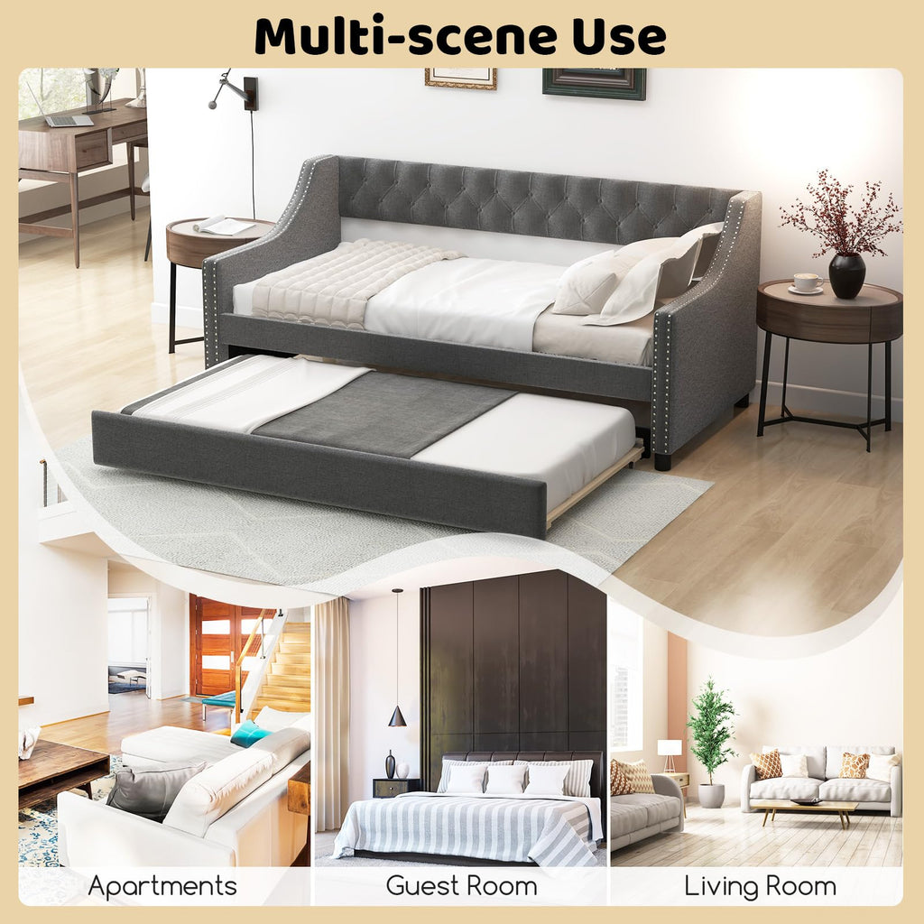 Grey Upholstered Twin Daybed with Trundle L904
