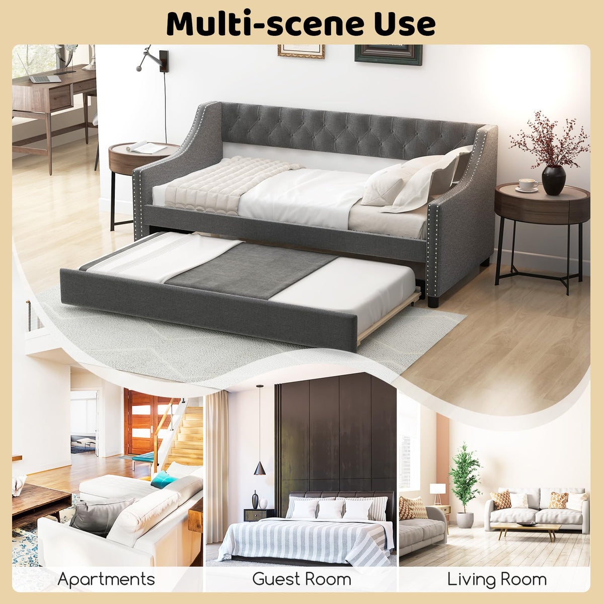 Grey Upholstered Twin Daybed with Trundle L904