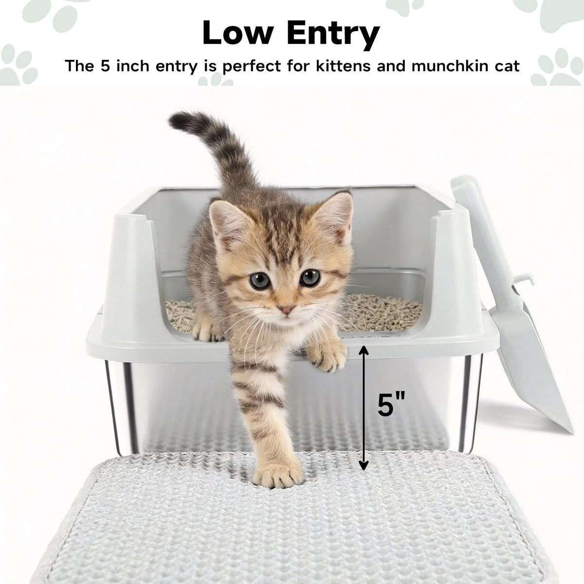 Stainless Steel Cat Litter Box with High Sides, Litter Mat, Scoop Y52208