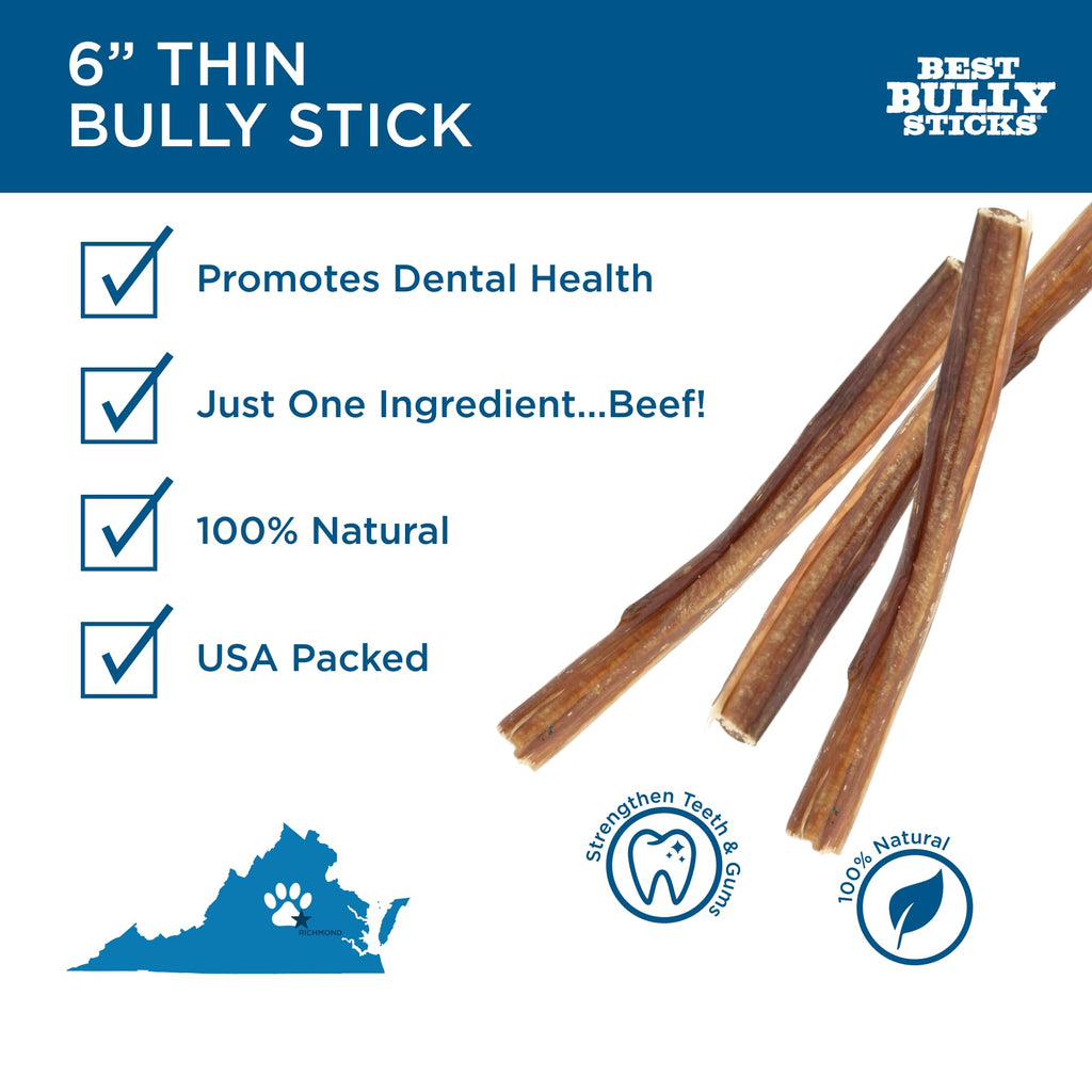 6 Inch Thin Bully Sticks 24 Count Natural Dog Treats K975