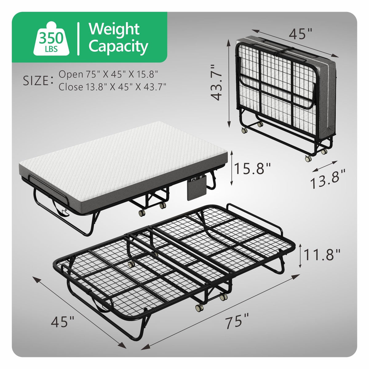 Folding Twin XL Size Bed with Memory Foam Mattress G6464