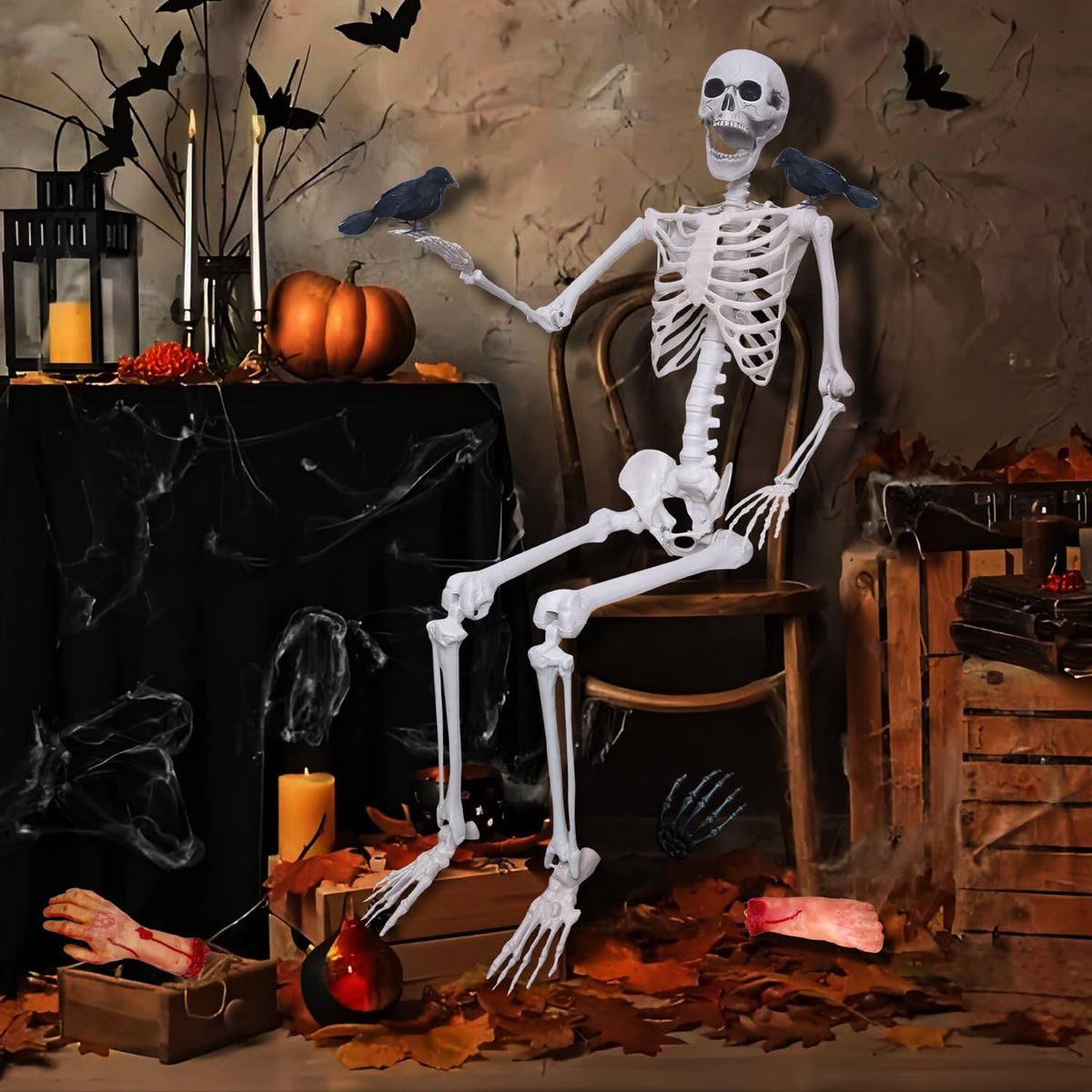 5.4ft/165cm Halloween Skeleton with Crows Movable Joints N84293