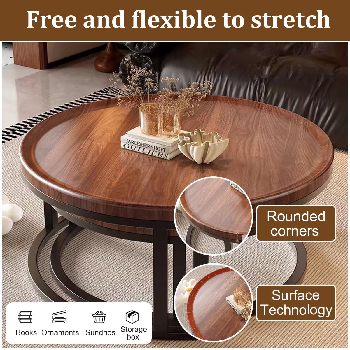 Round Nesting Coffee Tables 2-Piece Set Wood Top Metal Frame R38206