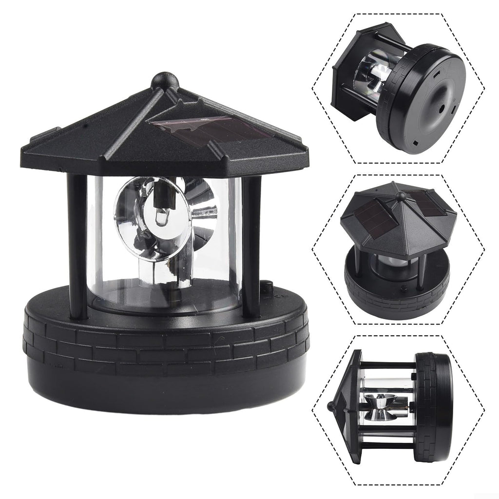 Solar Lighthouse Garden Light Rotatable Shade 360-Degree Outdoor Waterproof Lawn Street Lighting 2 Solar Panels Fast Charging ABS Material White Light Black Red 1pc 11x10x11cm(black) Y434