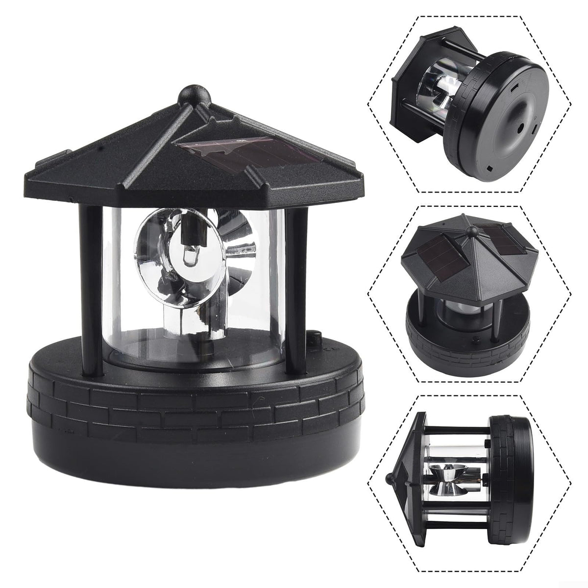 Solar Lighthouse Garden Light Rotatable Shade 360-Degree Outdoor Waterproof Lawn Street Lighting 2 Solar Panels Fast Charging ABS Material White Light Black Red 1pc 11x10x11cm(black) Y434