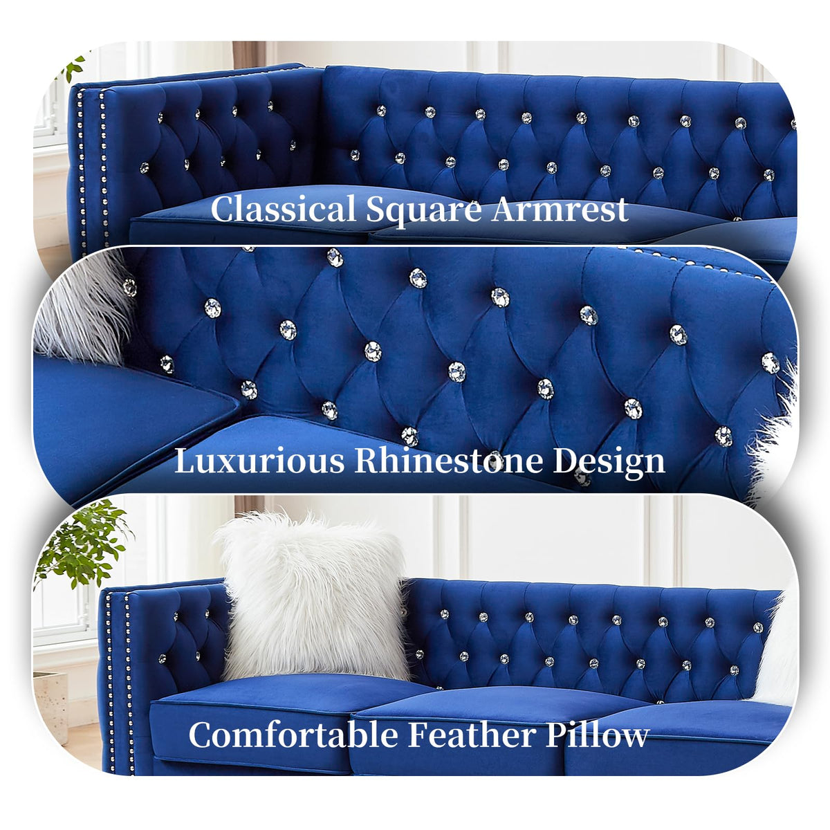 Blue Velvet Chesterfield Sofa with 2 Throw Pillows Q238