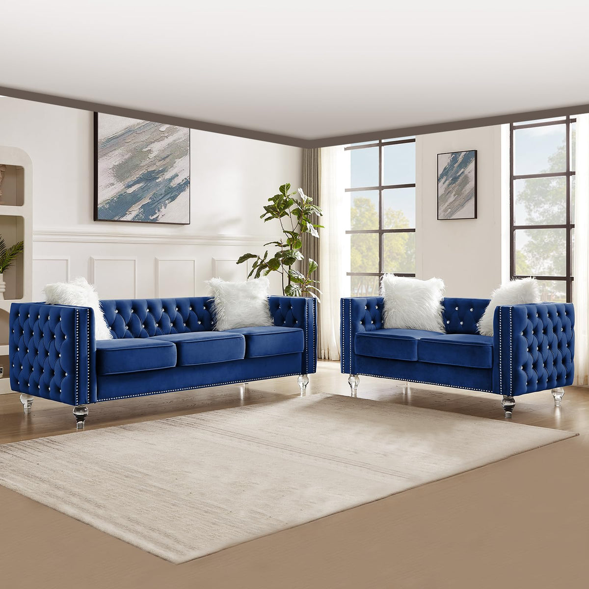 Blue Velvet Chesterfield Sofa with 2 Throw Pillows Q238