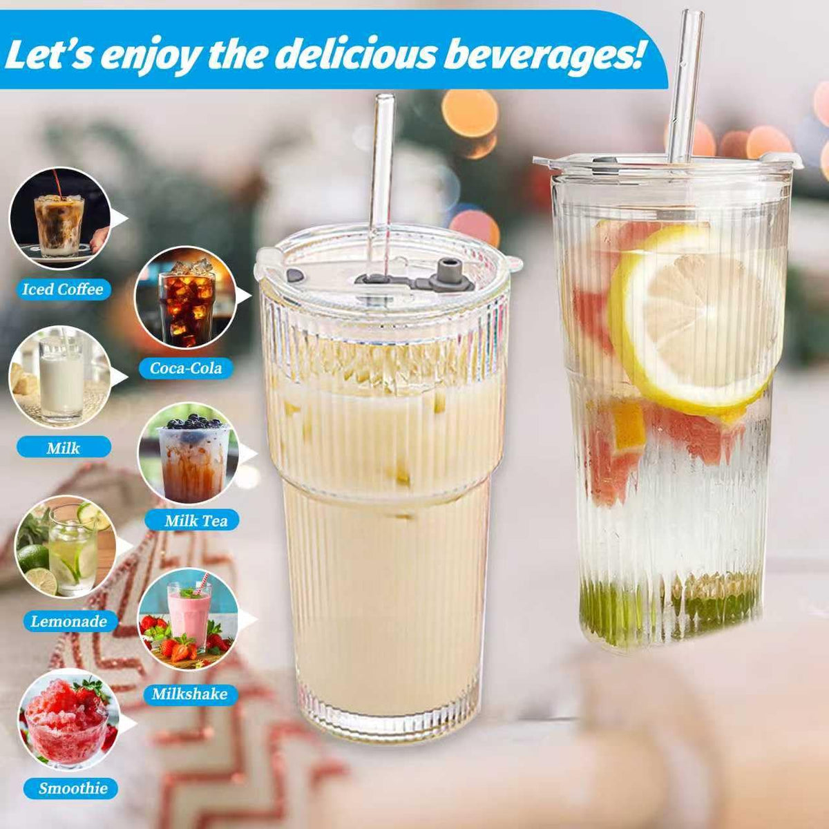 20 oz Clear Ribbed Glass Tumbler with Lid and Straw B159