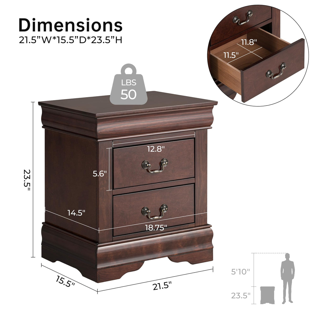 Cherry Wood Nightstand Set of 2 with 2 Drawers S358231